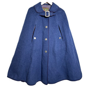 Vintage Austrian Loden Wool Cape Coat Navy Blue 1950s 1960s German Fashion Style